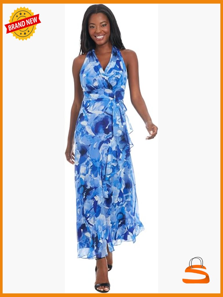 V-Neck Tie Waist Ruffle Cascade Maxi Dress Sleeveless Sheath
